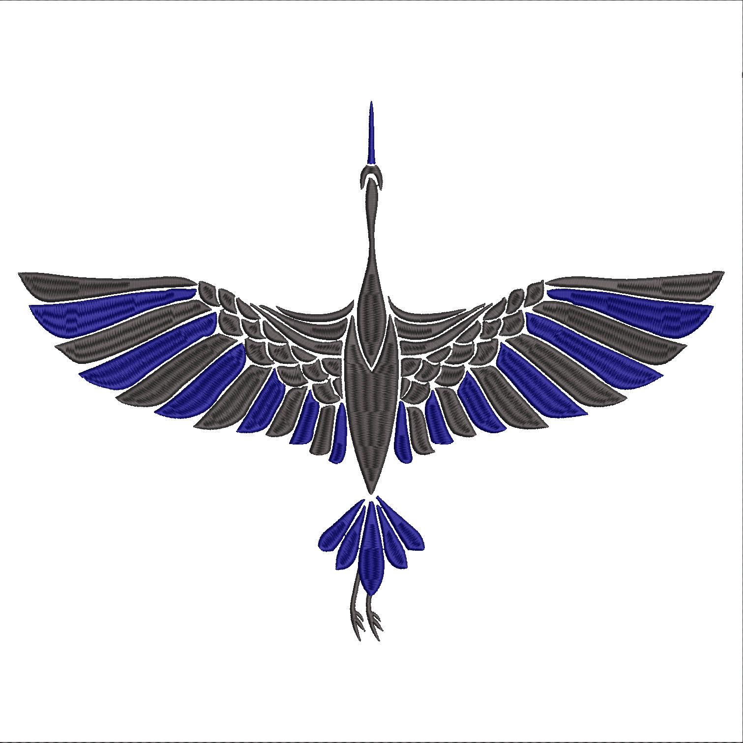 Embroidery design: An embroidery design of a crane in flight, with symmetrical wings spread wide. The body and wings are primarily grey, wi