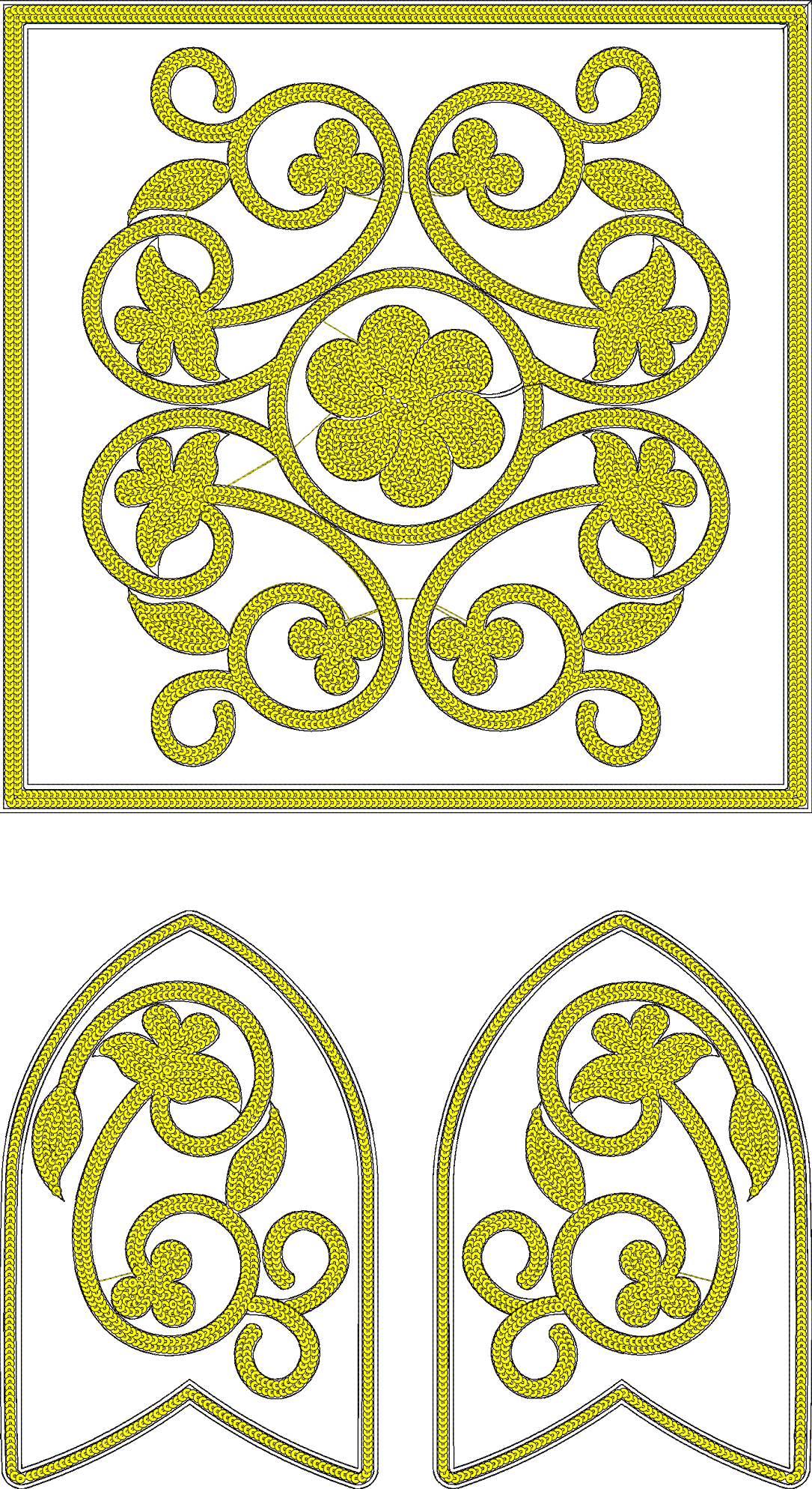 Embroidery design: A decorative embroidery design featuring intricate yellow scrollwork with floral and leaf motifs, forming a symmetrical 