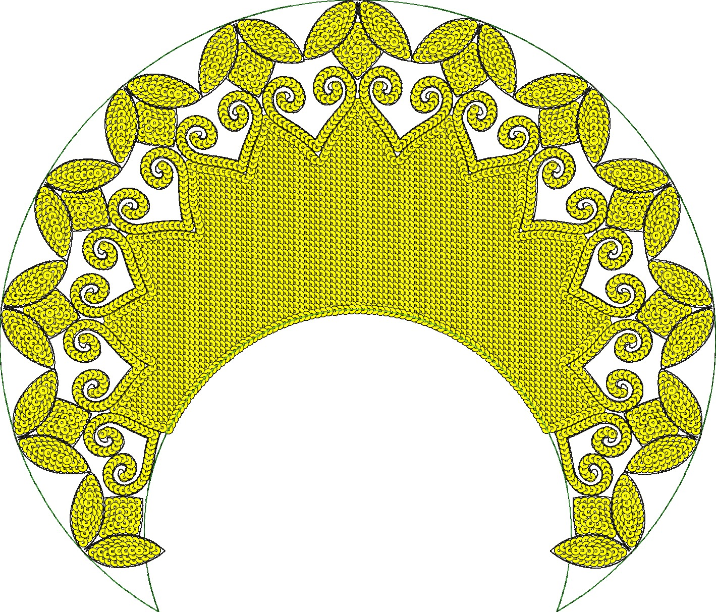 Embroidery design: A symmetrical, semicircular ornamental embroidery design in yellow with black and green outlines, featuring intricate sc