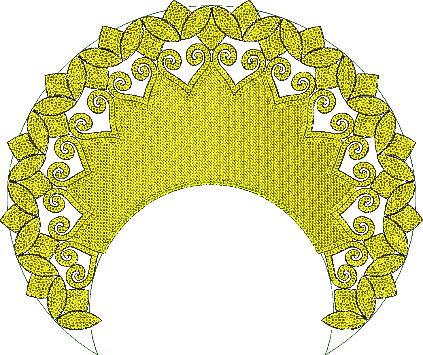 Embroidery design: A decorative, symmetrical yellow and green ornamental medallion design with geometric and scrollwork elements, resemblin