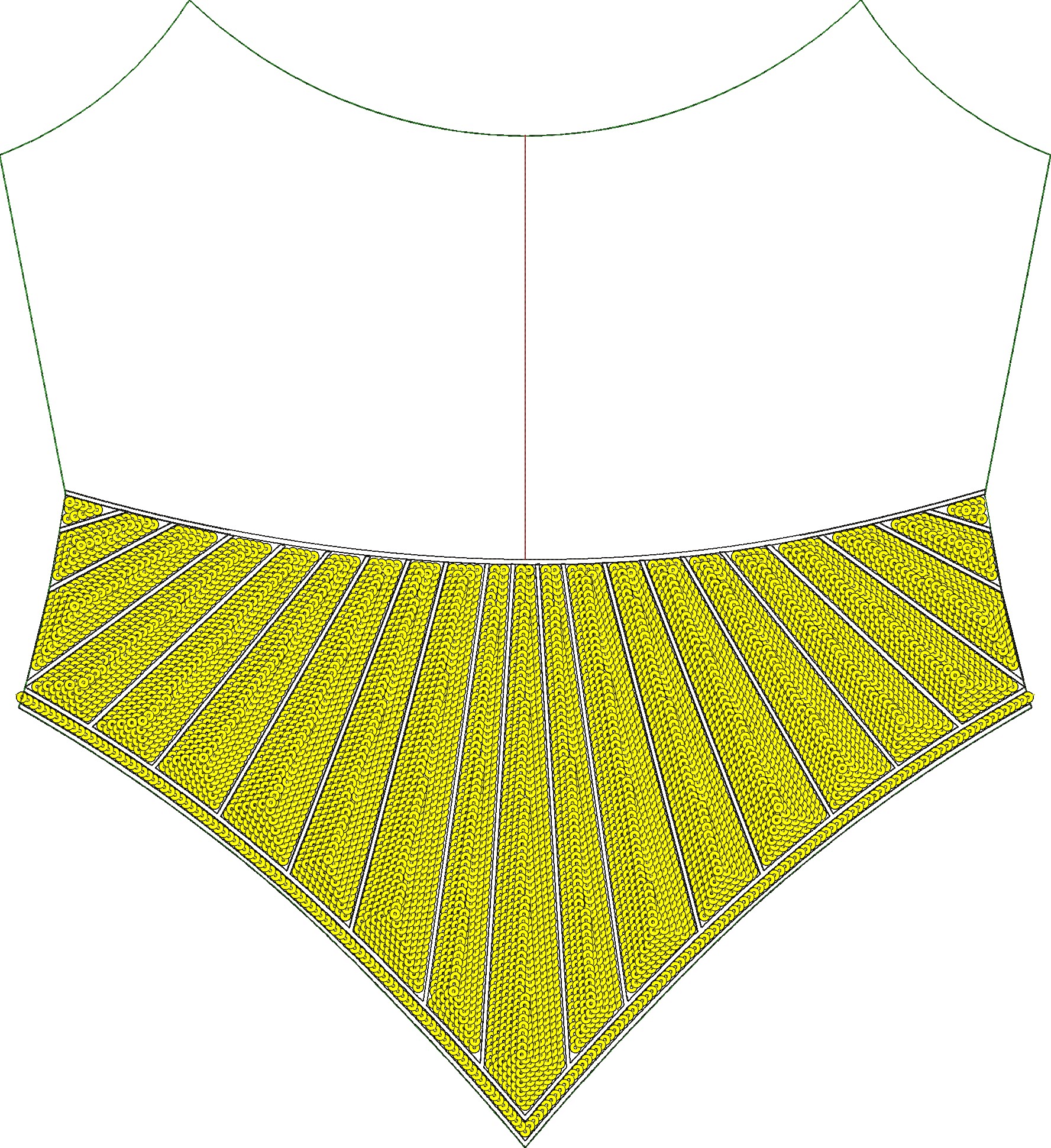 Embroidery design: A yellow embroidered panel with a dense fill of circular motifs arranged in a sunburst pattern, bordered by white decora