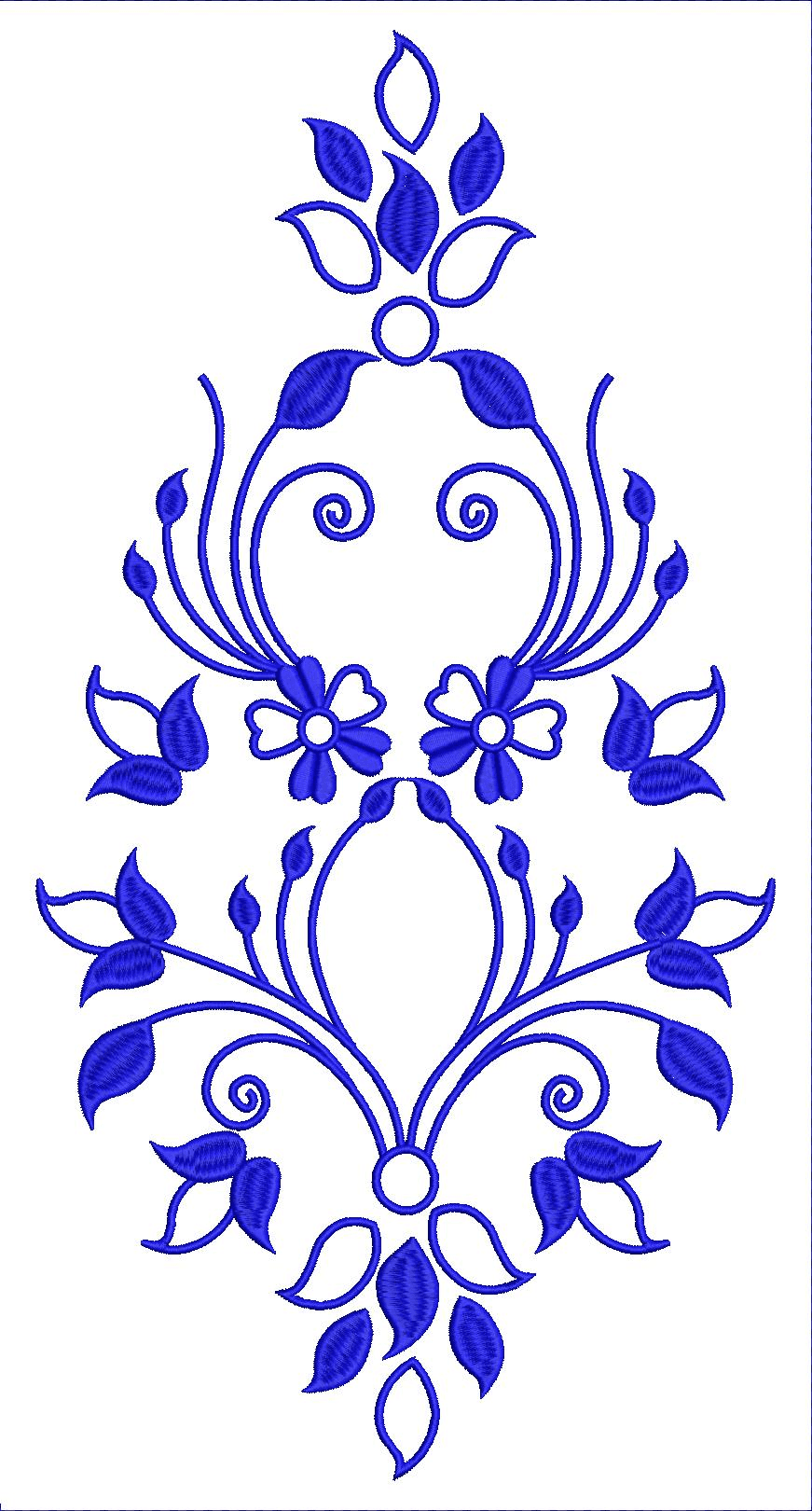 Embroidery design: A blue ornamental embroidery design featuring swirling vines and floral elements.