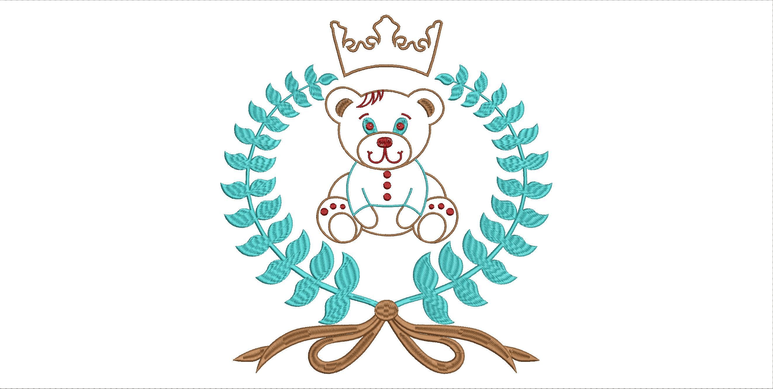 Embroidery design: An embroidery design of a teddy bear wearing a crown, encircled by a teal laurel wreath and a brown ribbon.