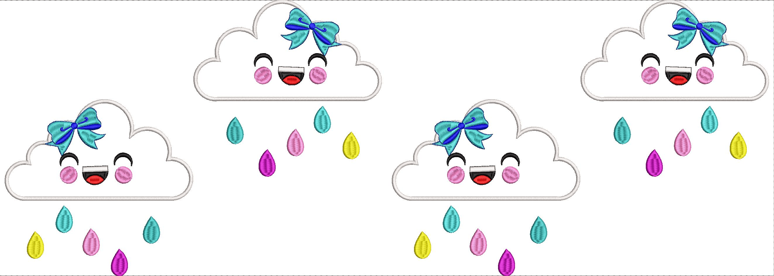 Embroidery design: A repeating embroidery design of four cute, smiling clouds with blue bows, each raining colorful teardrops in turquoise,