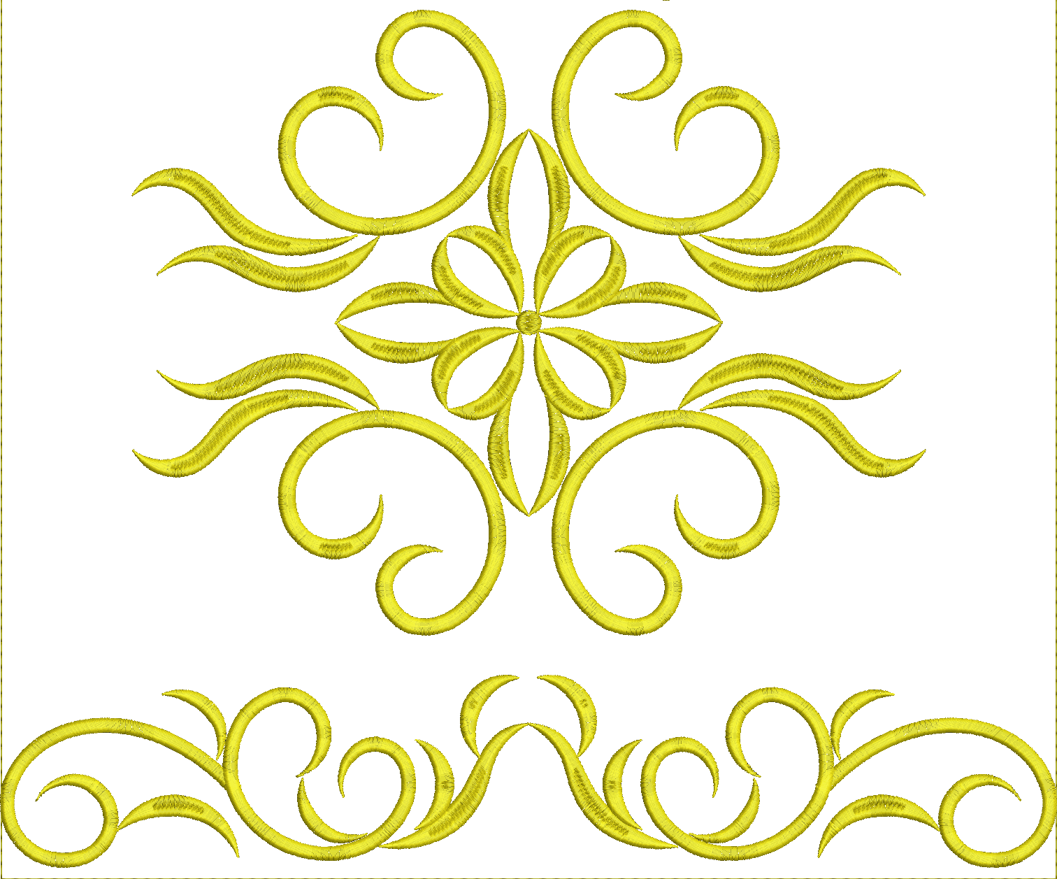 Embroidery design: A symmetrical golden embroidery design featuring ornamental scrollwork at the top and a decorative border at the bottom.