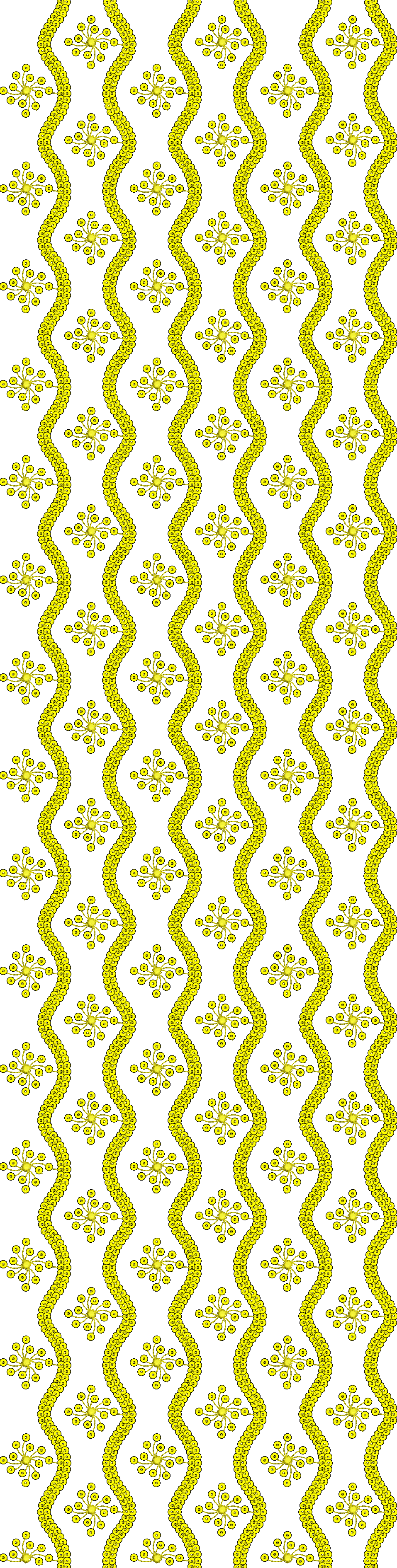Embroidery design: A repeating decorative pattern of yellow and gold wavy lines with circular motifs resembling dots.