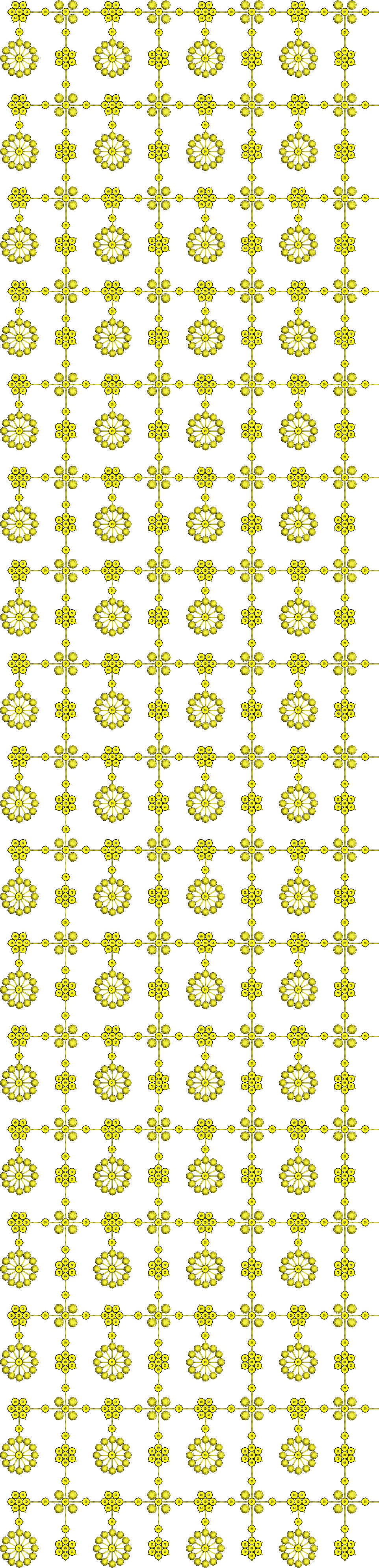Embroidery design: A seamless embroidery pattern featuring repeating yellow floral and geometric motifs outlined in gold against a white ba