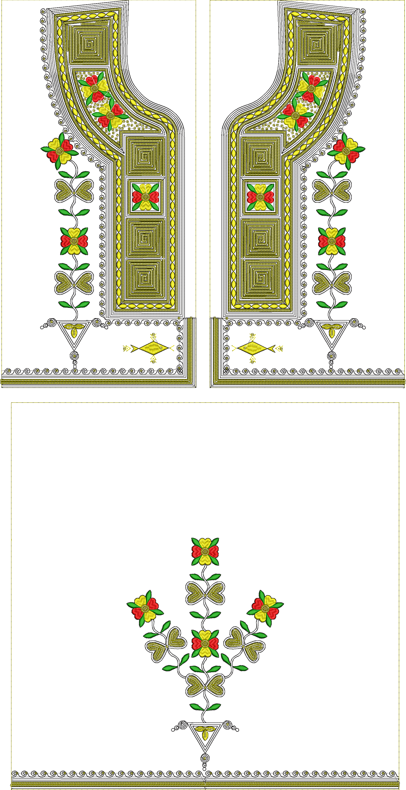 Embroidery design: An ornate embroidery design featuring a symmetrical arrangement of red and yellow flowers with green leaves, set against