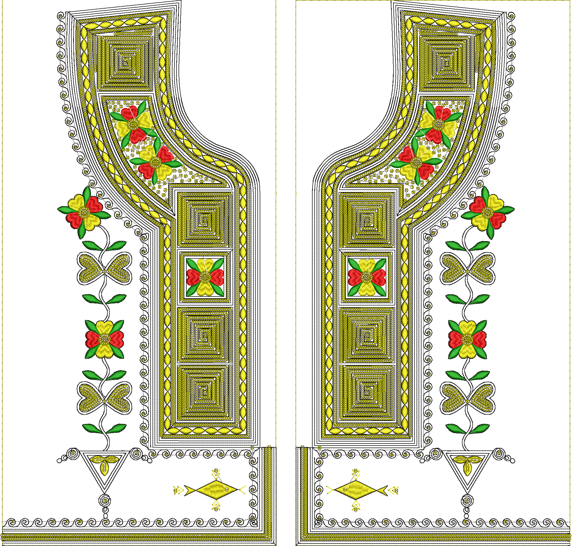 Embroidery design: An elaborate embroidery design for a neckline and upper chest panel, featuring symmetrical arrangements of golden geomet