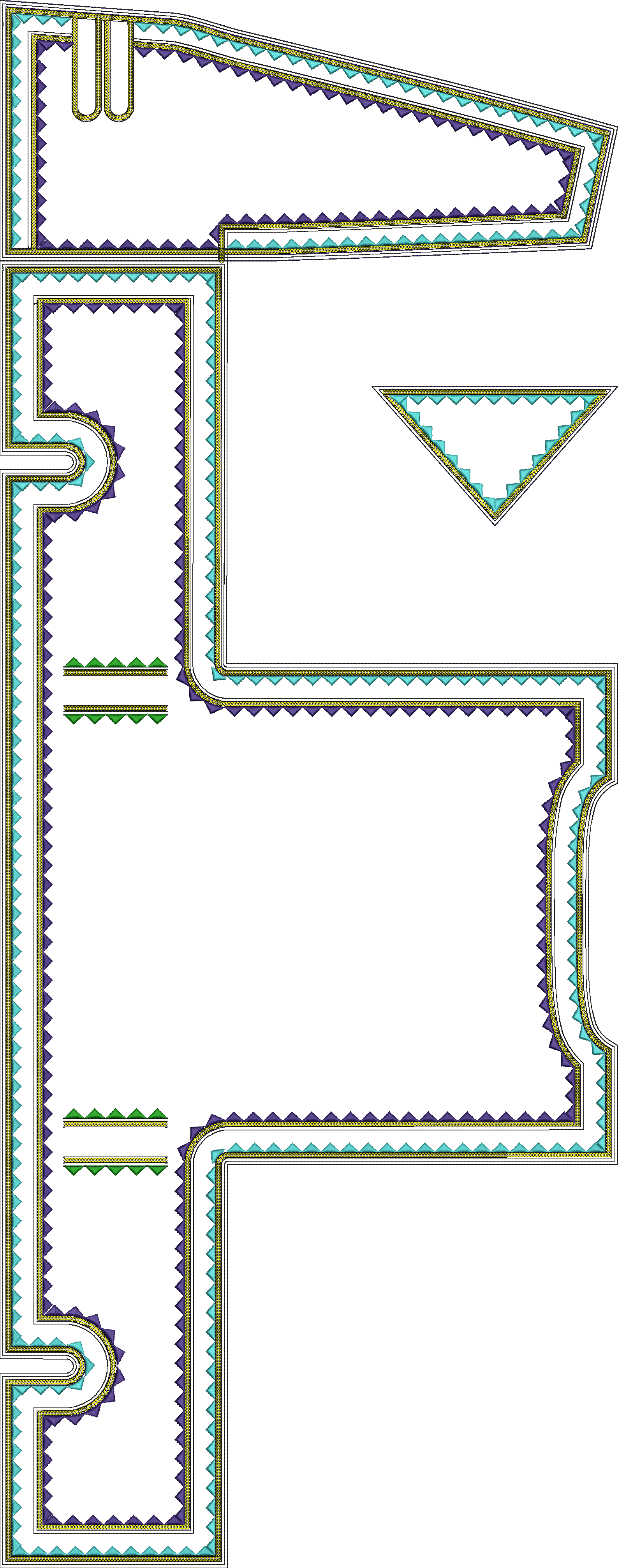 Embroidery design: A decorative embroidery design featuring a geometric border with repeating triangular and chain-like motifs in purple, t