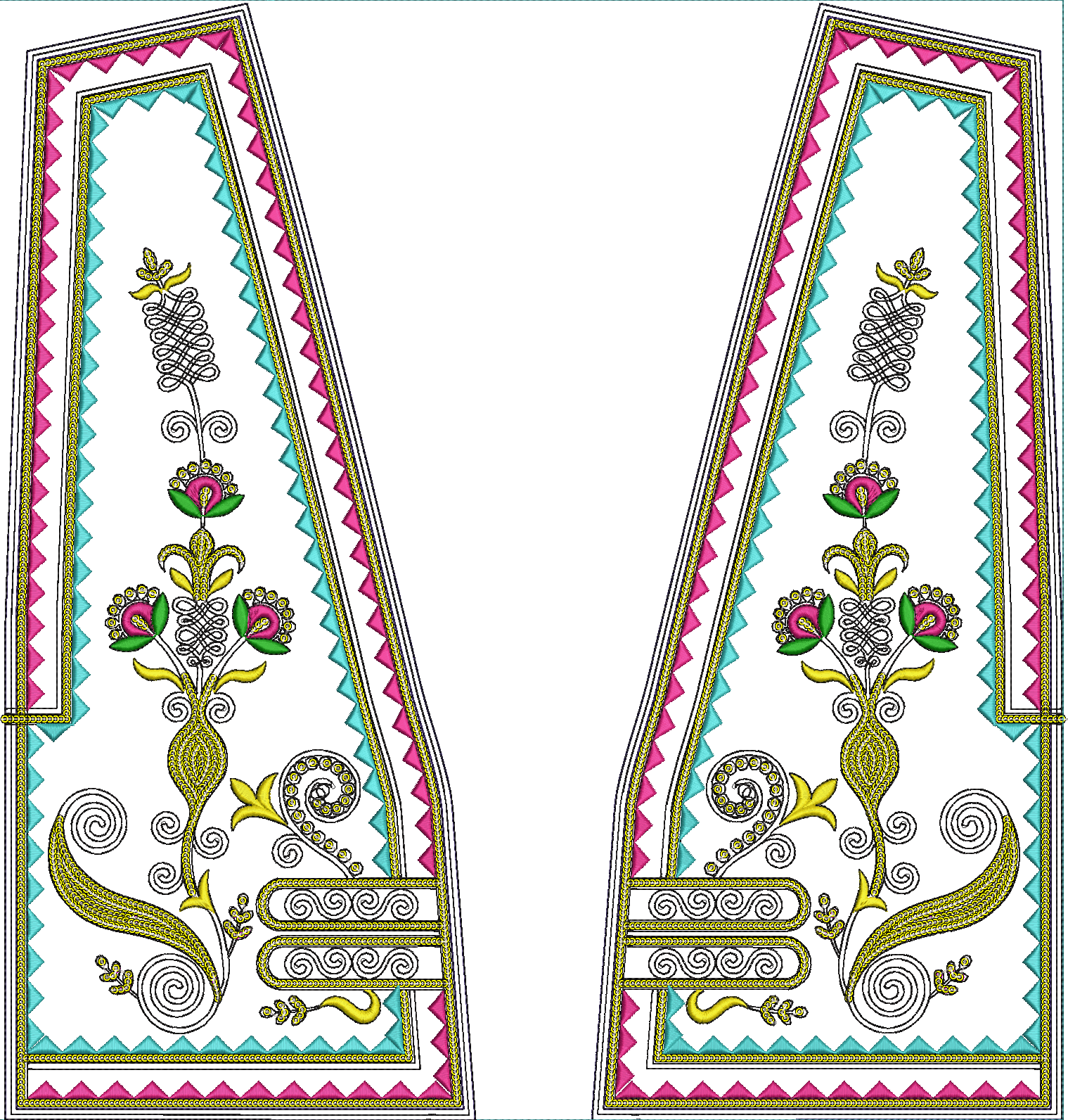 Embroidery design: A symmetrical embroidery design featuring floral motifs, scrollwork, leaves, and stylized flowers in pink, turquoise, an