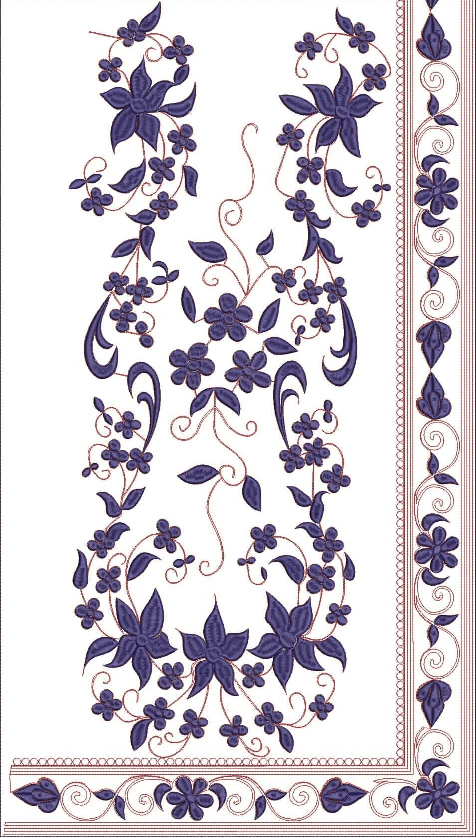 Embroidery design: An ornamental embroidery design with dark blue floral and vine motifs on a white background, accented by a reddish-brown