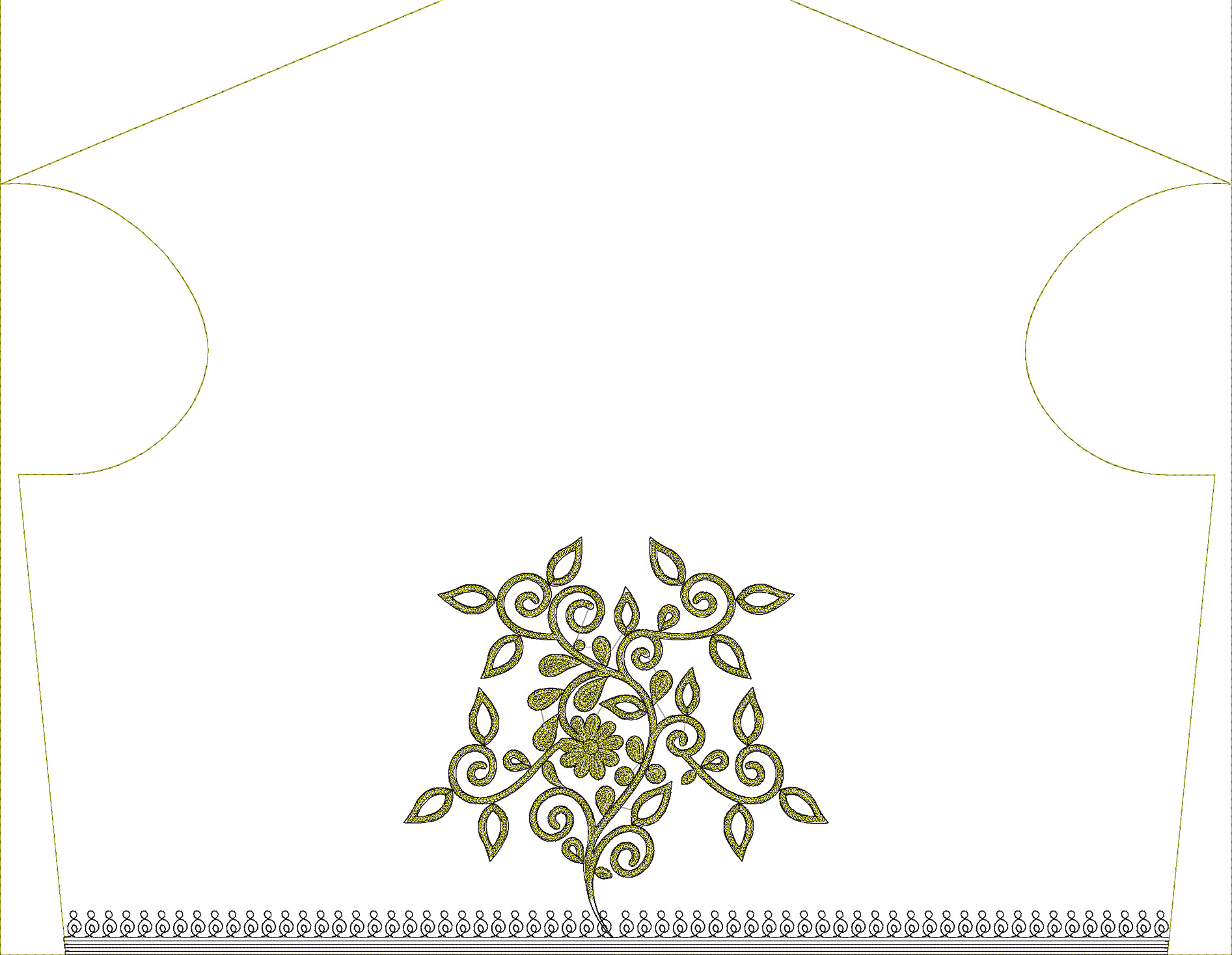 Embroidery design: An olive green floral and botanical embroidery design featuring a central flower surrounded by symmetrical scrollwork, v