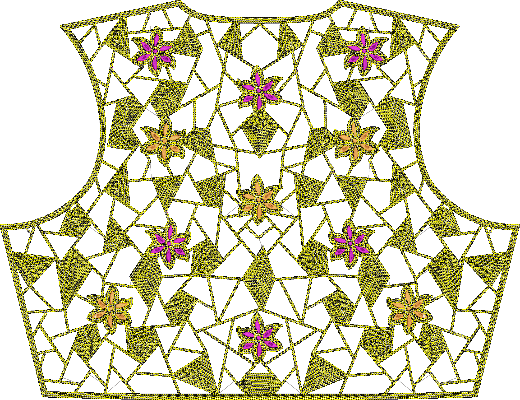 Embroidery design: A decorative embroidery design with a symmetrical, geometric lattice background in greenish-gold, featuring eight-pointe