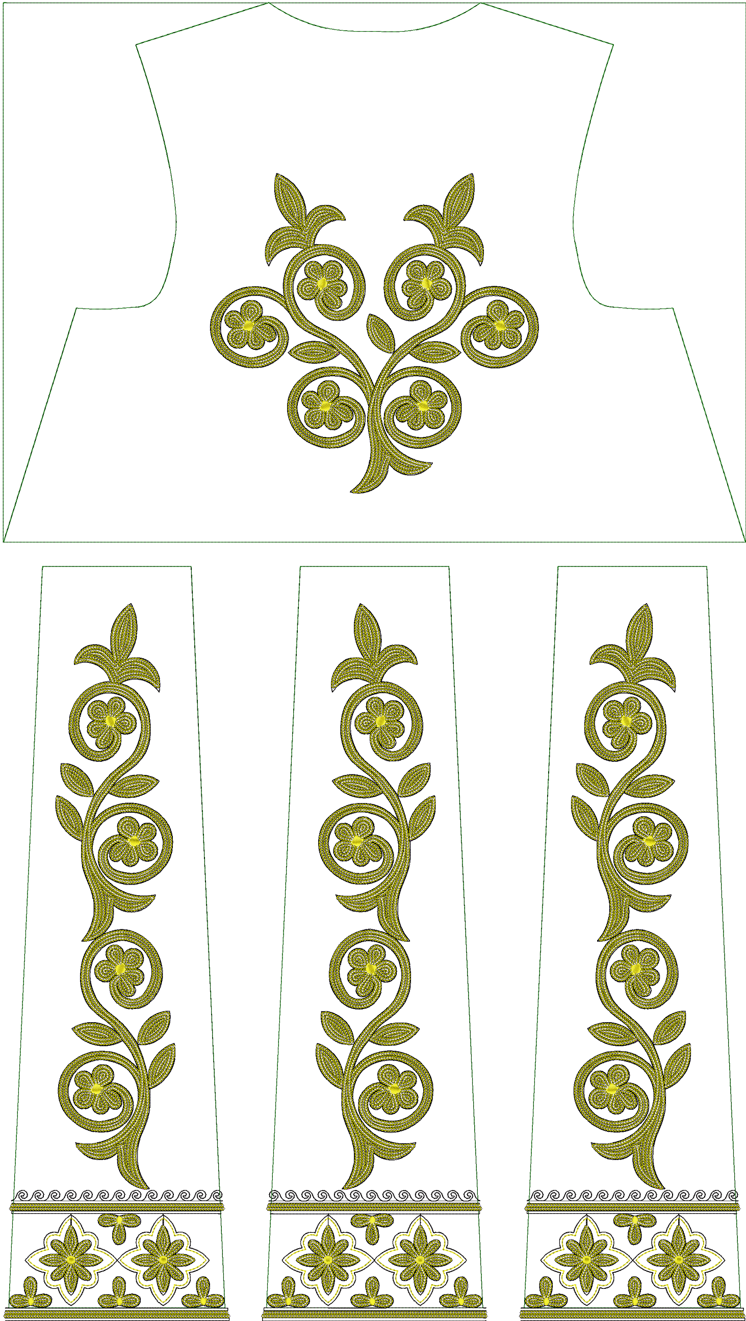 Embroidery design: A traditional embroidery design in golden-yellow, featuring scrolling floral and foliate motifs on a neckline panel and 
