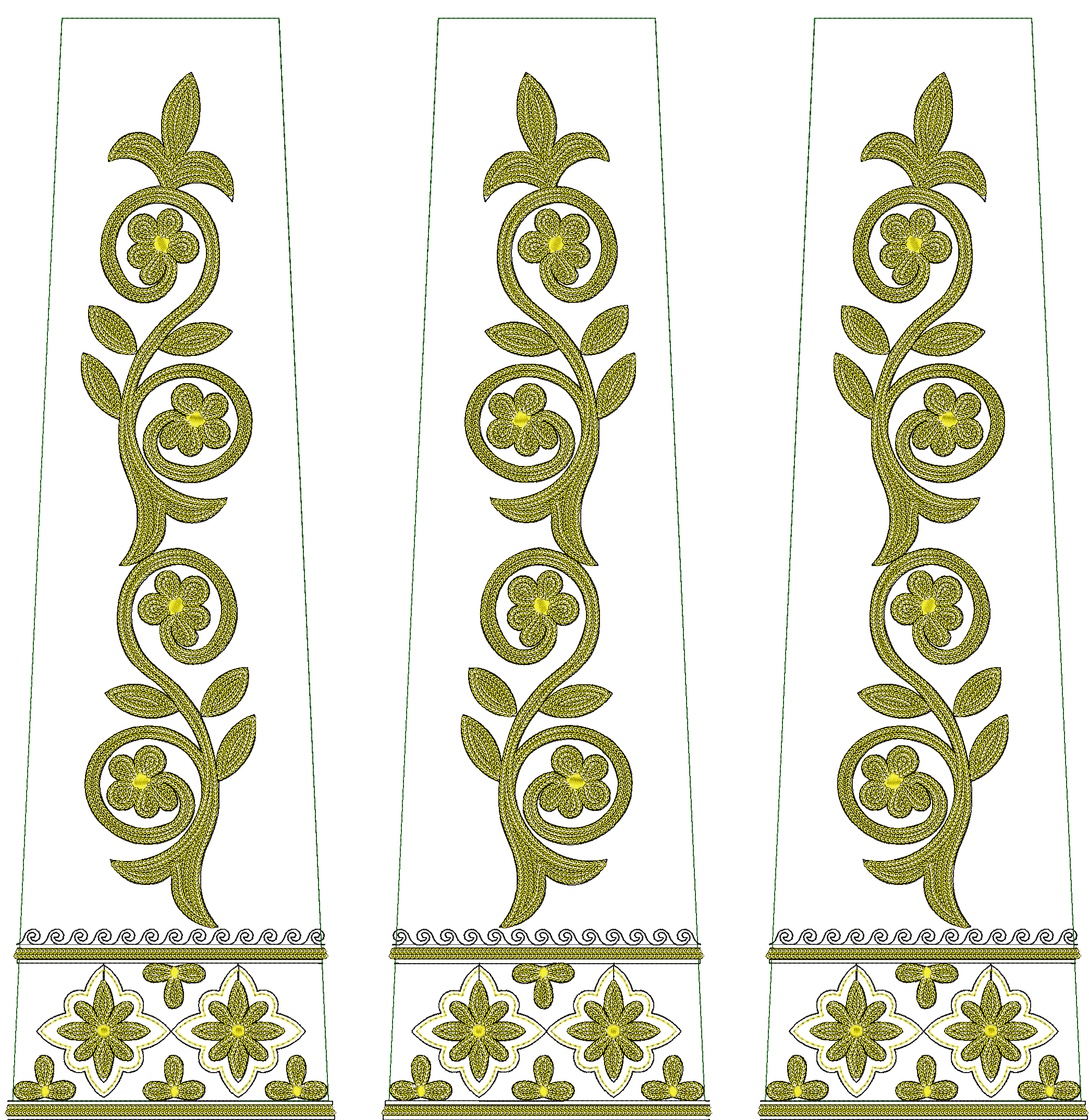 Embroidery design: Three vertical embroidery panels, each featuring a golden yellow scrolling vine with leaves and flowers, a wave border, 