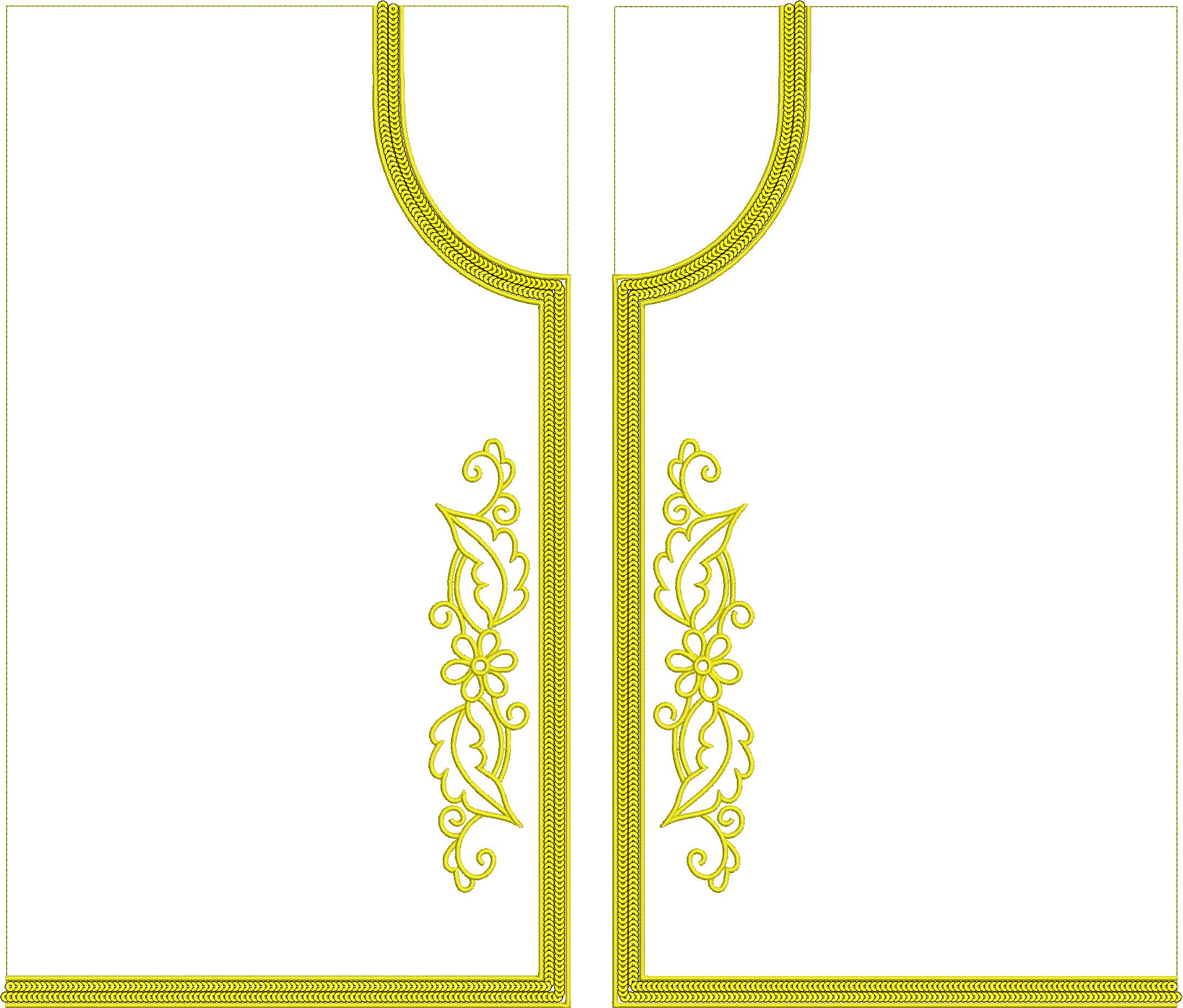 Embroidery design: An ornamental embroidery design for a neckline and front panel featuring golden-yellow stylized flowers, foliage, and sc
