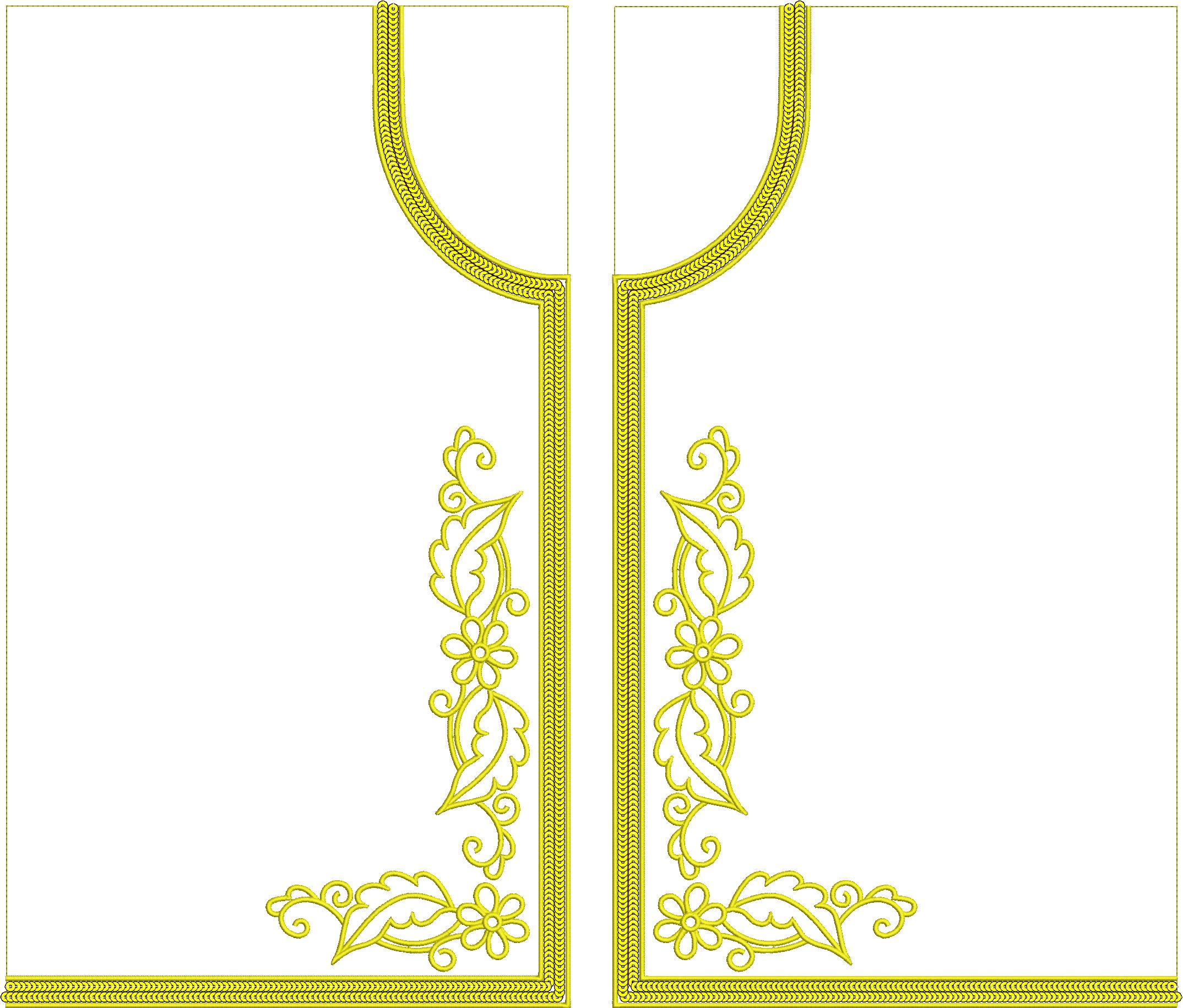 Embroidery design: A symmetrical decorative embroidery design in golden-yellow, featuring stylized floral and vine motifs, suitable for a g