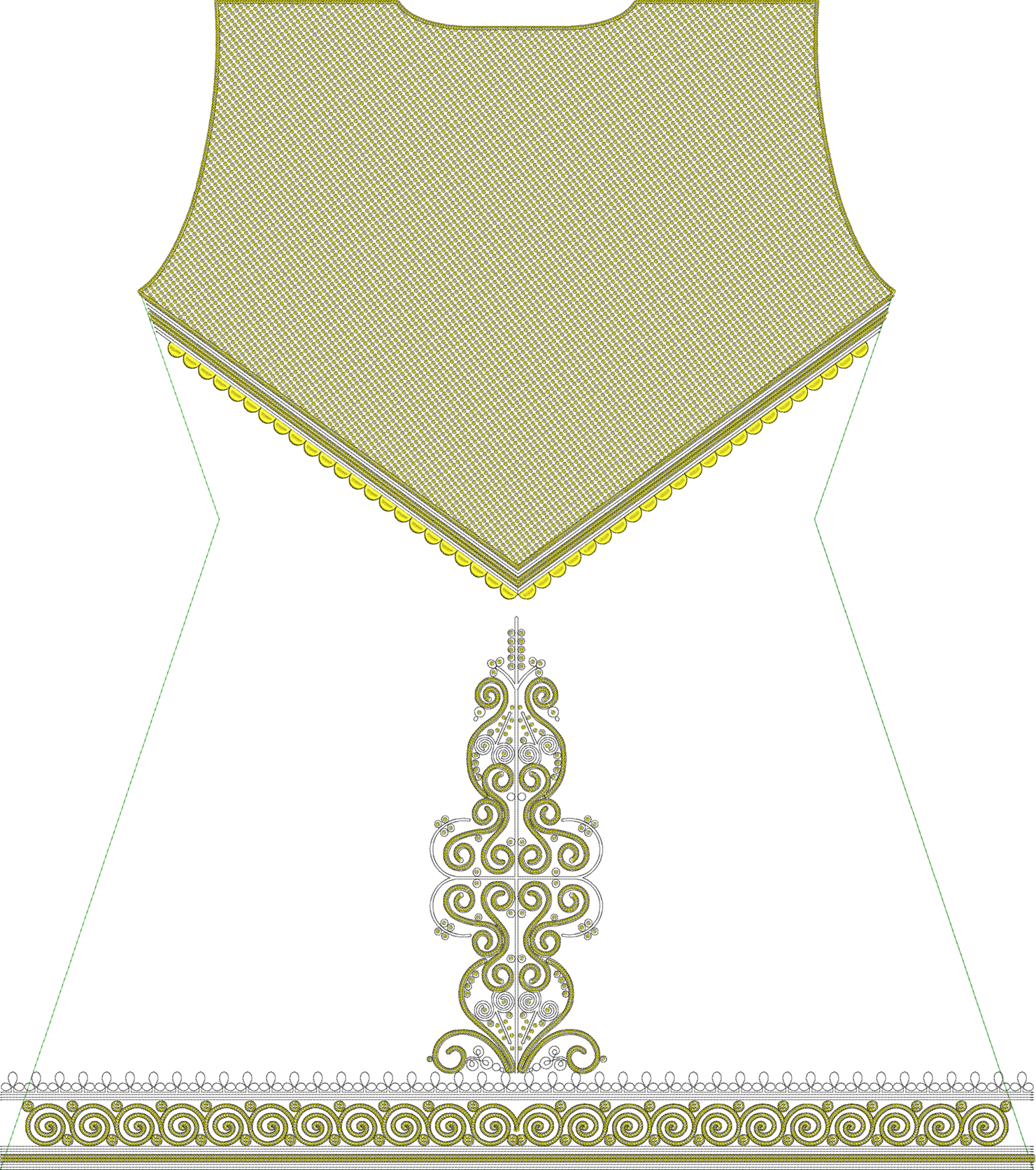 Embroidery design: An embroidery design featuring a gold and white yoke with a scalloped edge, a central ornamental panel with scrollwork, 