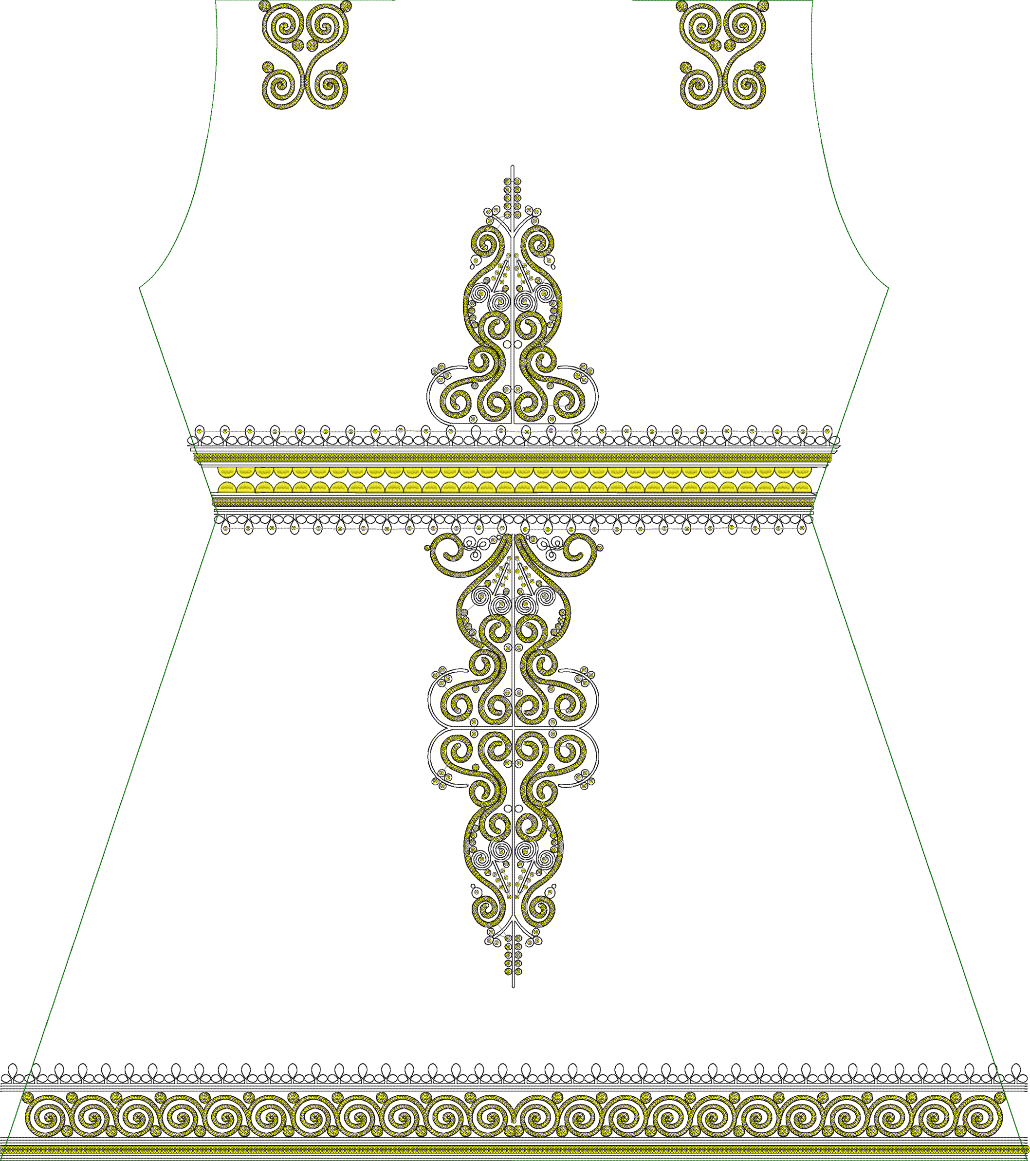 Embroidery design: An ornamental embroidery design featuring intricate gold and black scrollwork with yellow accents, arranged in a symmetr