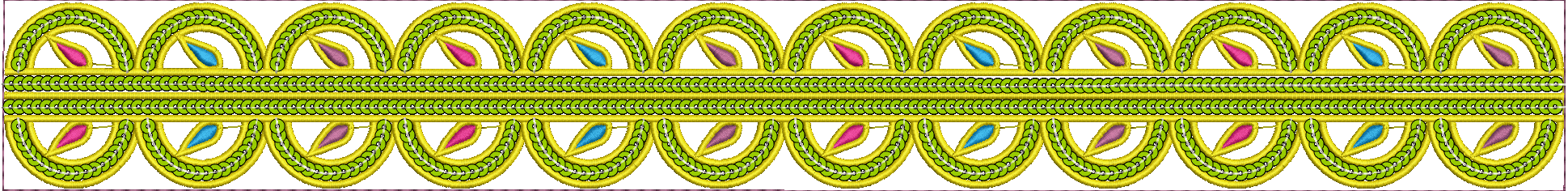 Embroidery design: A decorative, symmetrical, and repeating border embroidery design with ethnic and ornamental influences. The design feat