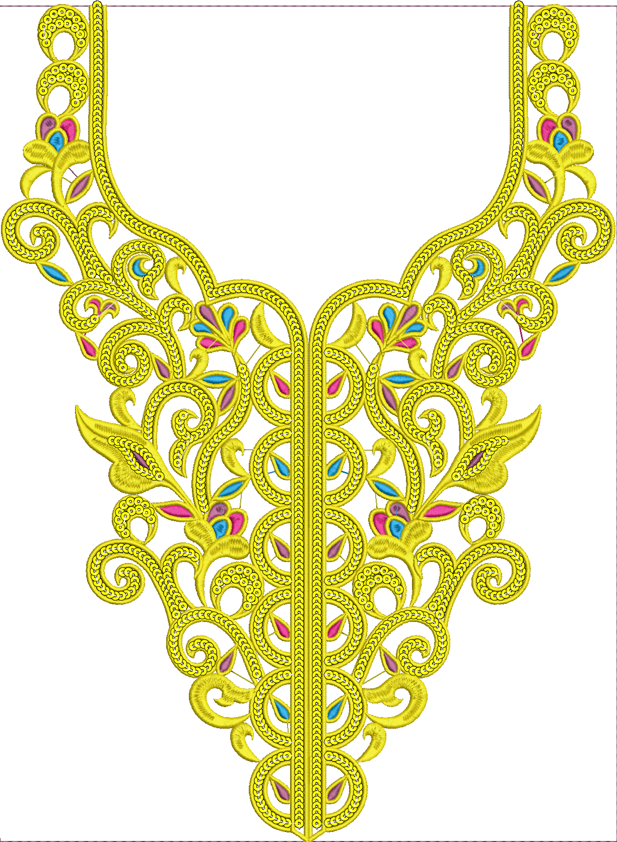 Embroidery design: A yellow, ornamental neckline embroidery design with pink and blue floral accents and intricate symmetrical scrollwork.
