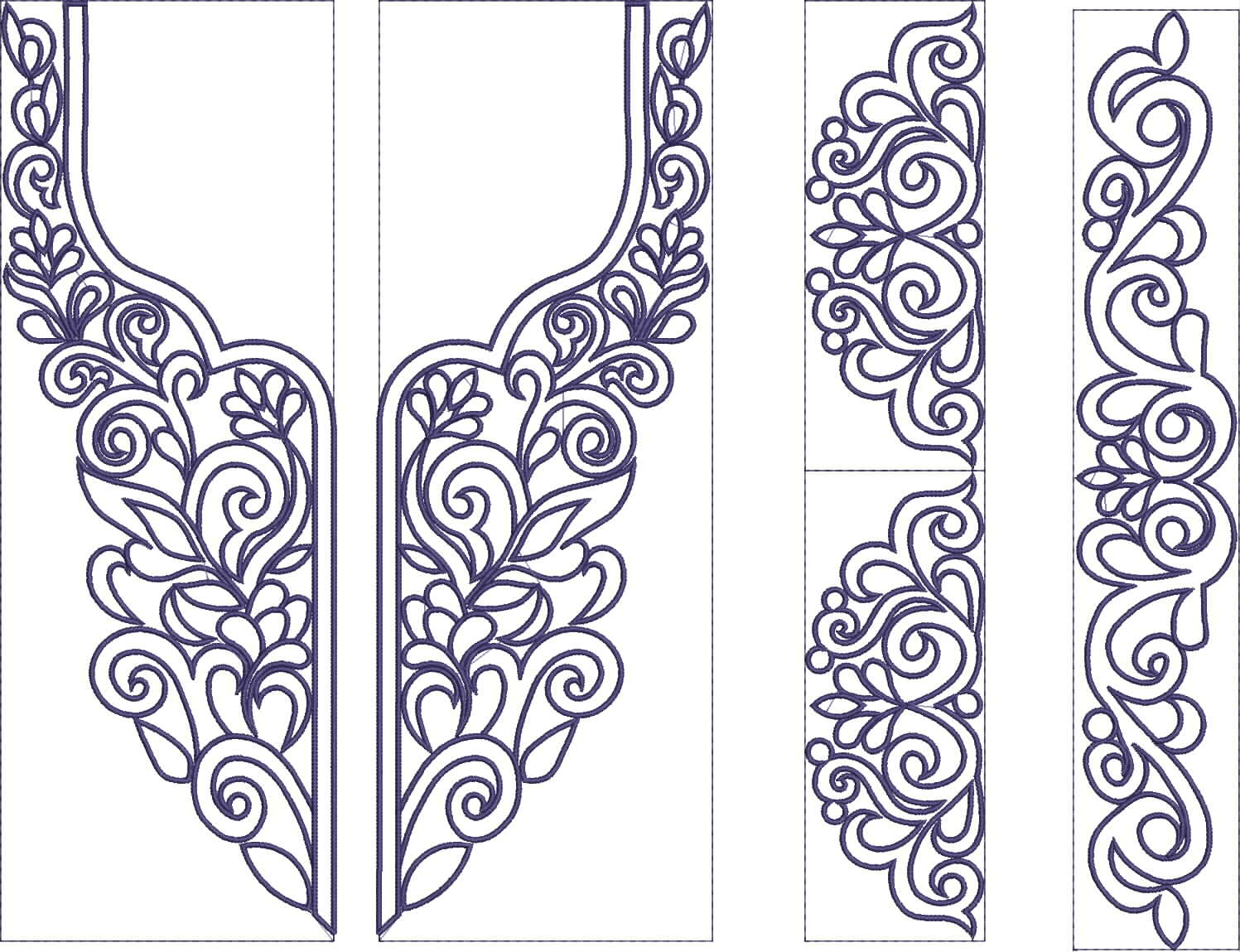 Embroidery design: An embroidery design featuring a symmetrical navy blue neckline piece with floral and scrollwork motifs, accompanied by 