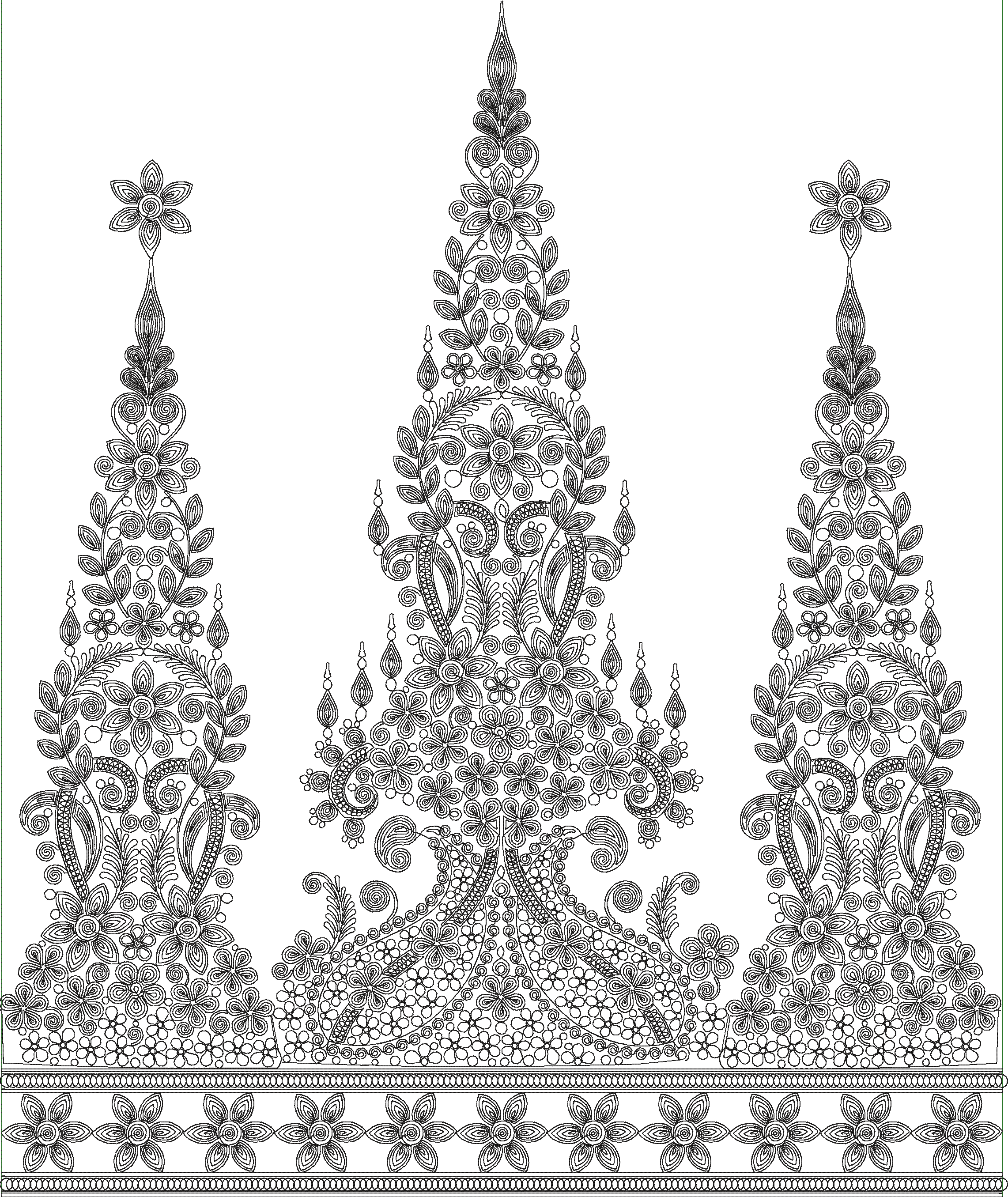 Embroidery design: A symmetrical black and white embroidery design featuring a central vertical motif with flanking elements and a decorati