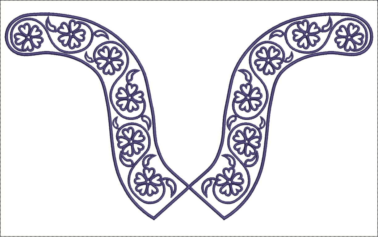 Embroidery design: A symmetrical dark blue and white embroidery design featuring a floral and vine motif, suitable for a neckline or collar