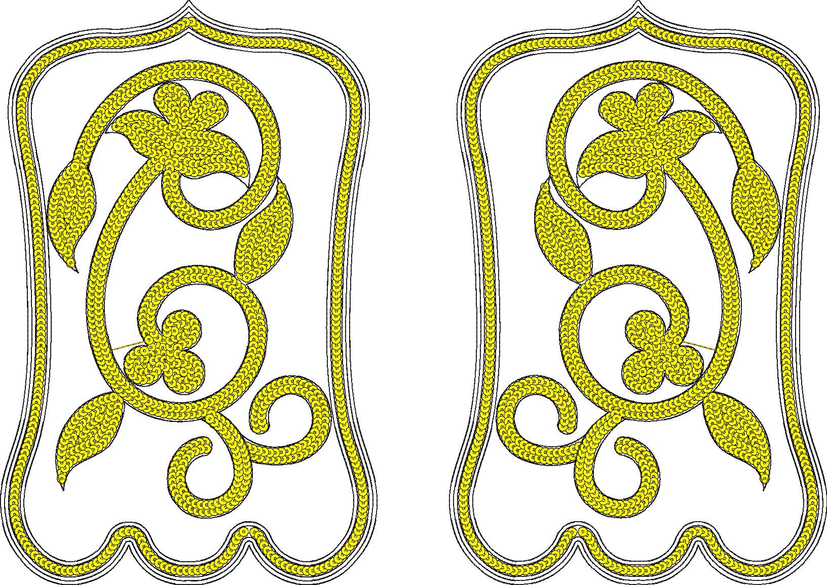 Embroidery design: A decorative embroidery design featuring a symmetrical, mirrored floral and scrollwork motif in yellow and black, with a