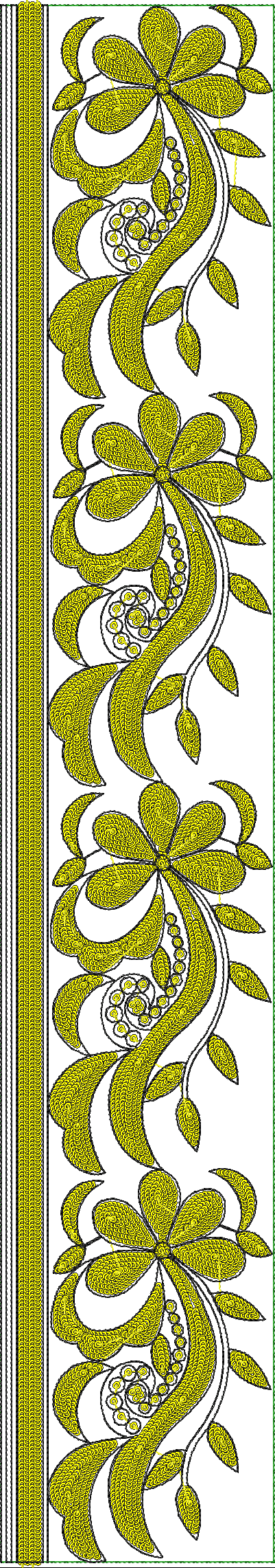 Embroidery design: A vertical embroidery border design featuring repeating yellow floral and vine motifs with black outlines on a white bac