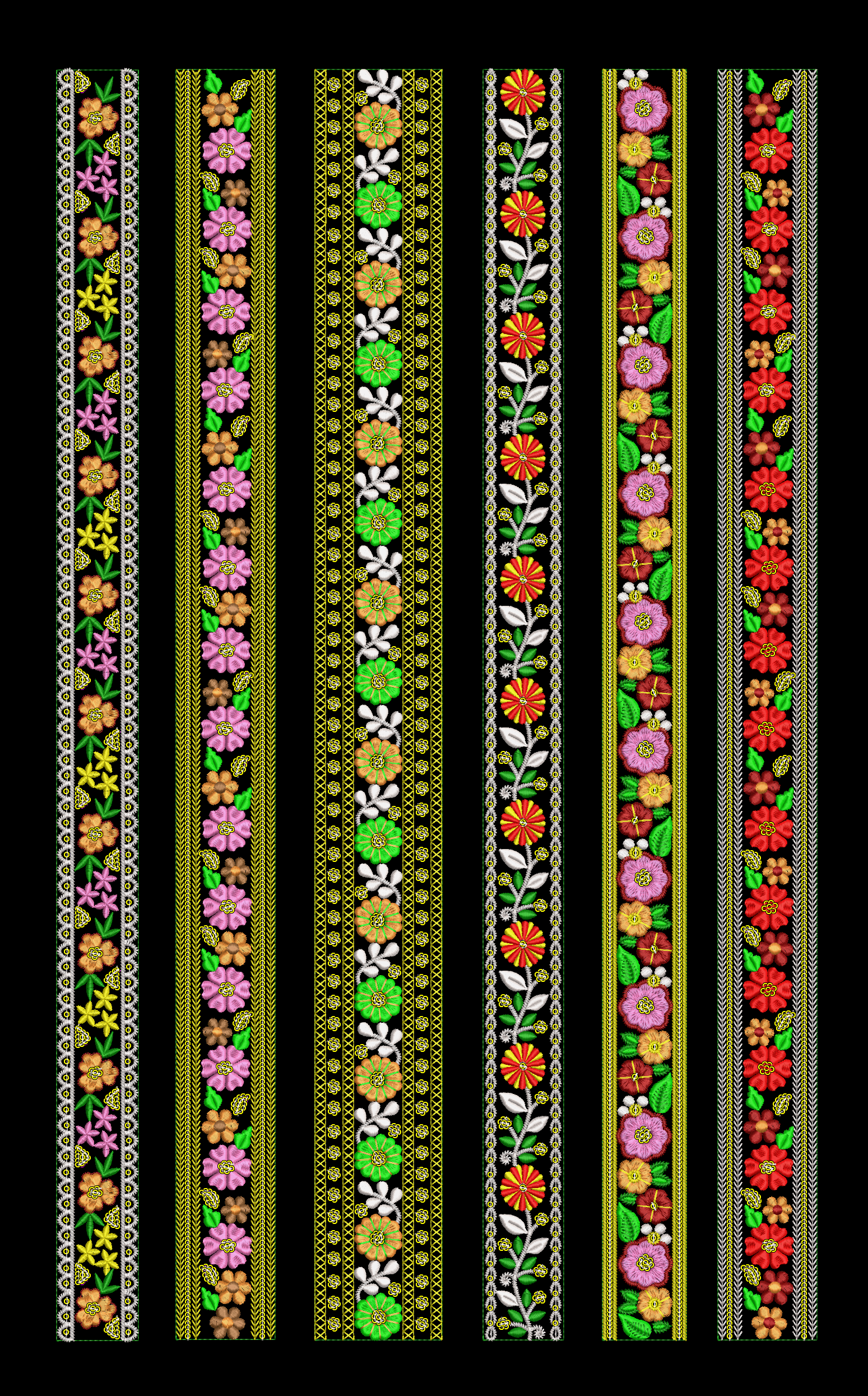 Embroidery design: Multiple vertical embroidery borders featuring repeating floral and foliate patterns in various colors including pink, o