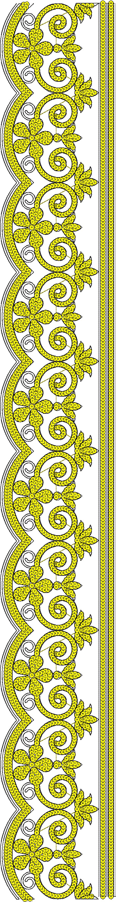 Embroidery design: A decorative yellow and black border embroidery design featuring repeating ornamental scrollwork and floral motifs in a 