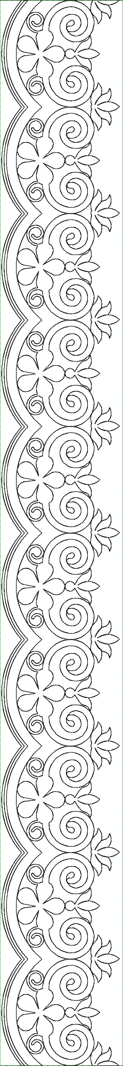 Embroidery design: A symmetrical, ornamental border design with repeating floral and scrollwork motifs, rendered in black and white.