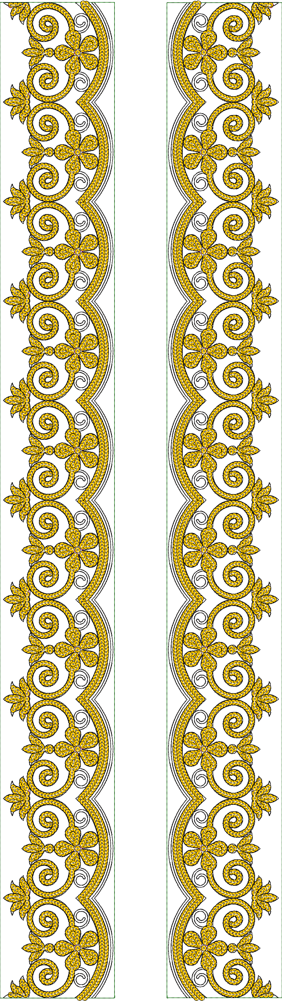 Embroidery design: Two symmetrical, vertical embroidery borders featuring ornate yellow scrollwork and floral motifs with black outlines on