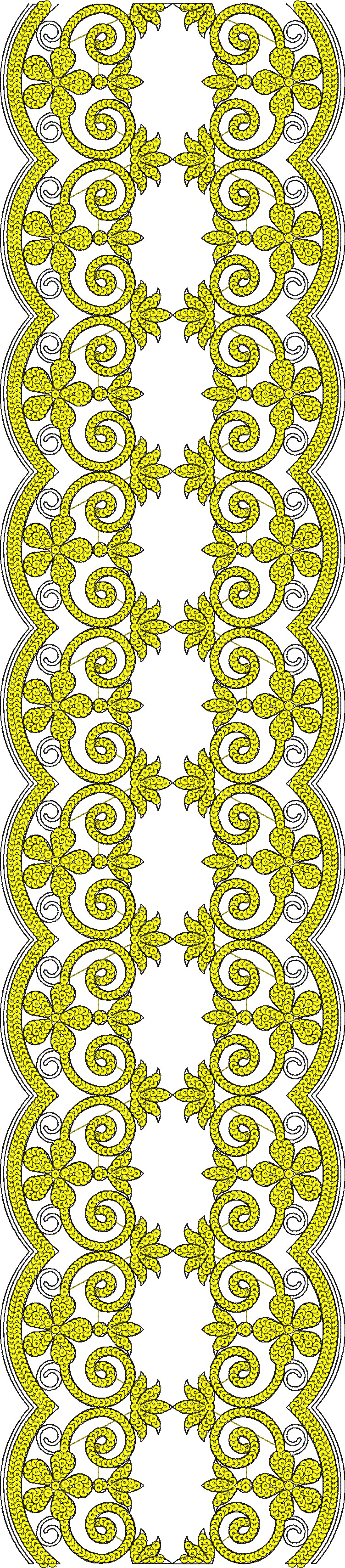 Embroidery design: A symmetrical, repeating yellow ornamental border with scrolling vine and floral motifs, outlined in black on a white ba