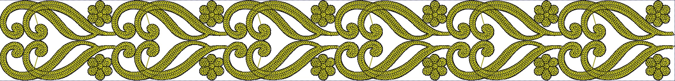 Embroidery design: A decorative yellow border with repeating scrollwork and floral motifs, outlined in black on a white background. The des