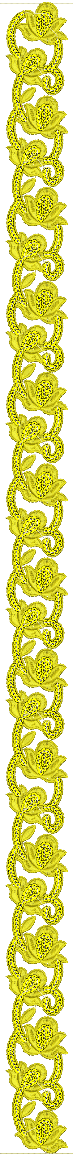 Embroidery design: A vertical embroidery border design featuring repeating yellow floral and scrollwork motifs with white accents.