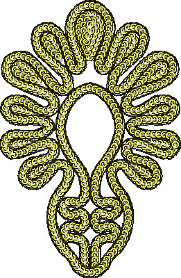 Embroidery design: A symmetrical, ornamental embroidery design in yellow, grey, and black, featuring a dense, coiled, or looped motif with 