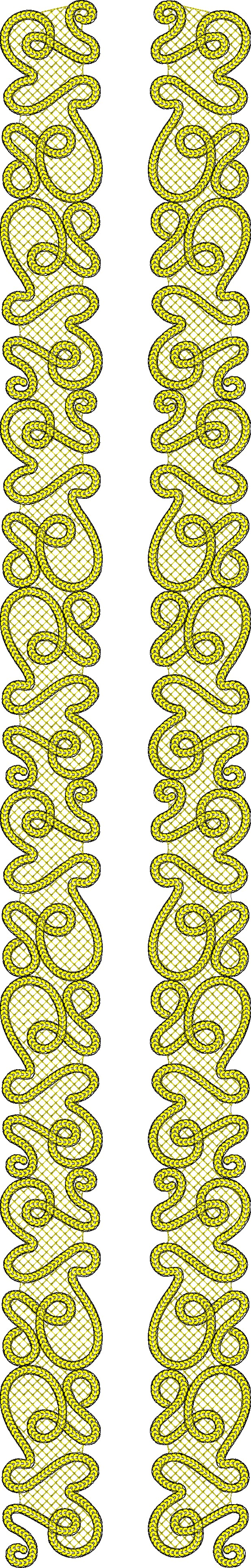 Embroidery design: A vertical embroidery border design with a repeating, symmetrical pattern of swirling yellow elements on a yellow lattic