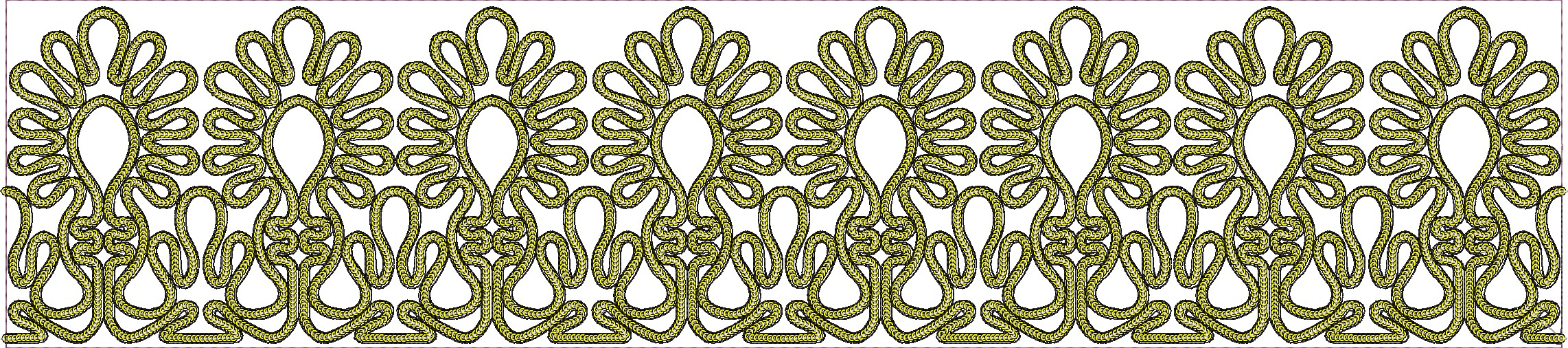 Embroidery design: A continuous horizontal decorative border embroidery design with a repeating, symmetrical pattern in yellow and black, f