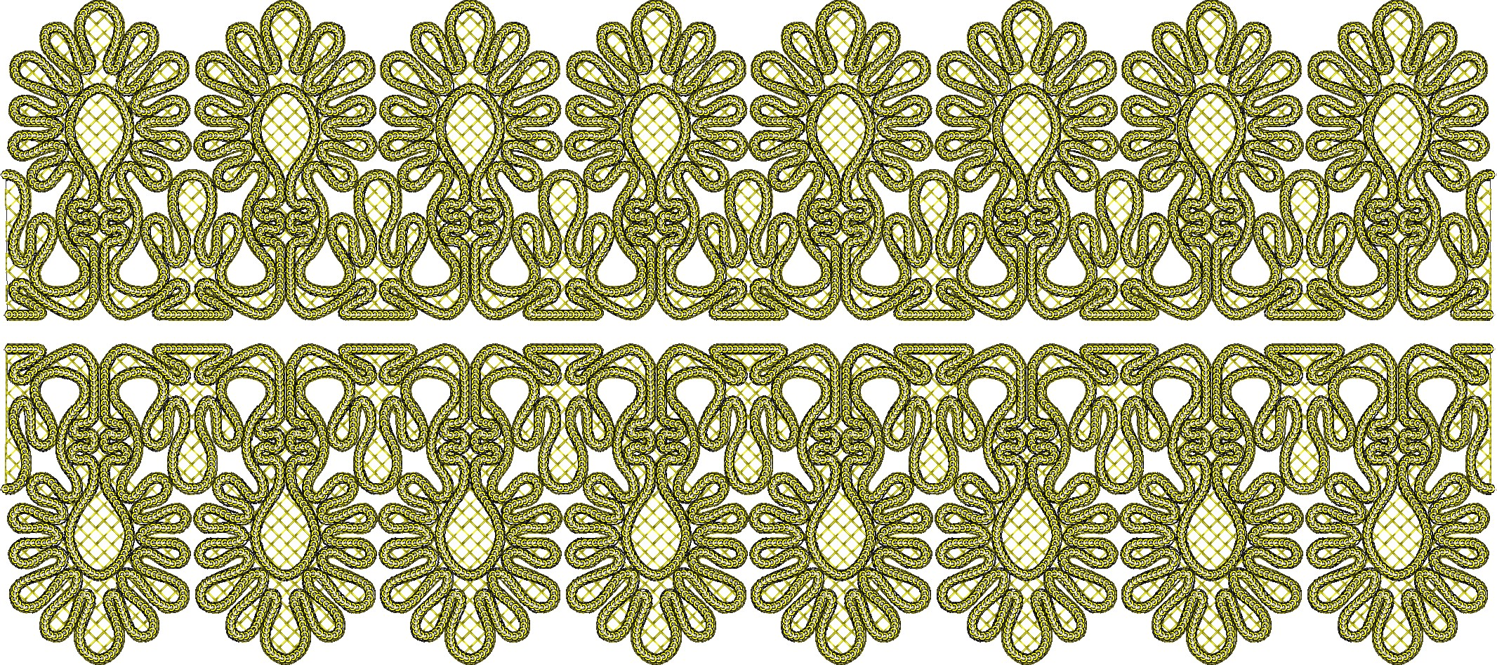 Embroidery design: A decorative, repeating border embroidery design in gold and green, featuring symmetrical scrollwork and floral motifs w
