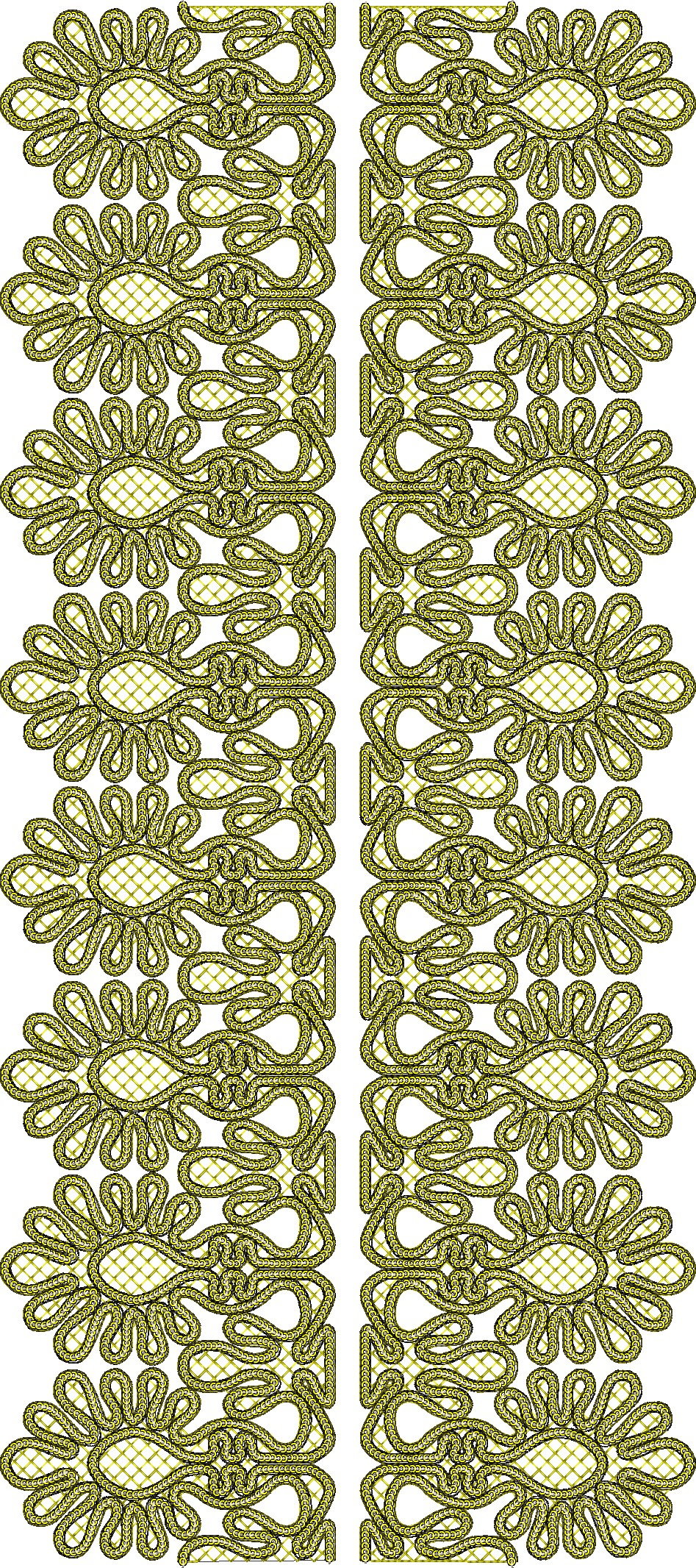 Embroidery design: A decorative, repeating, and symmetrical border embroidery design with golden yellow and off-white colors. The design fe