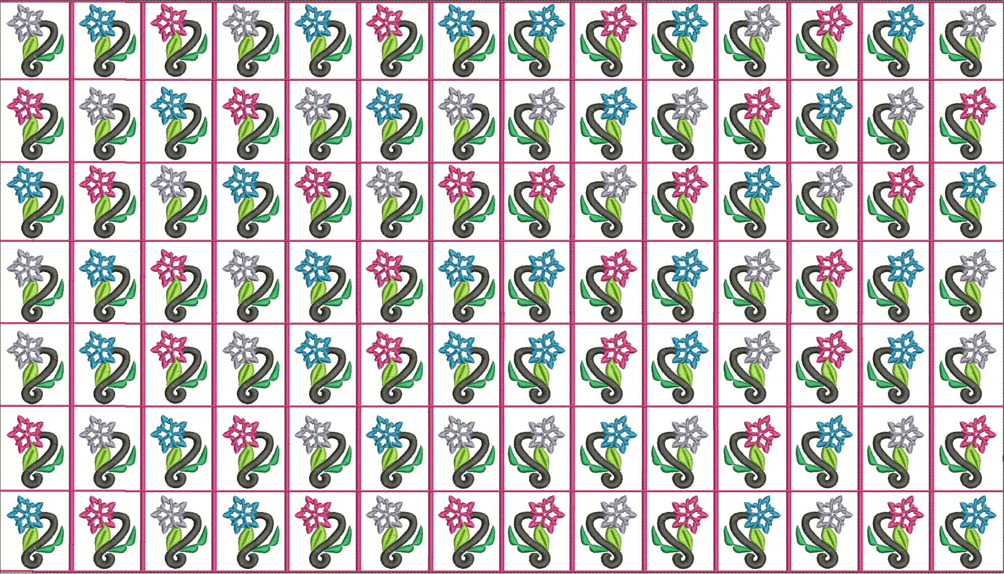 Embroidery design: A repeating embroidery pattern of stylized flowers in pink, blue, and grey, each with green leaves and black stems, set 