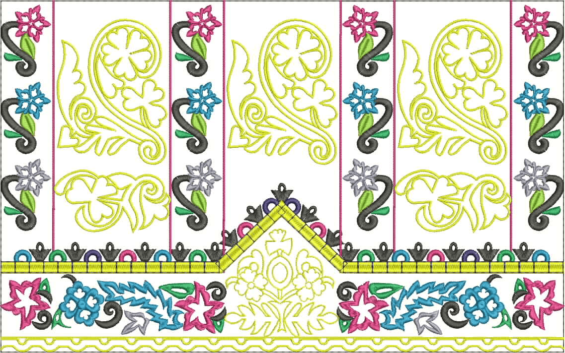Embroidery design: A colorful embroidery design featuring repeating vertical panels with yellow scrollwork motifs and alternating pink, blu