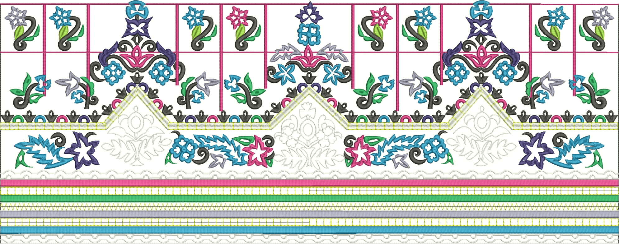 Embroidery design: A symmetrical and repeating embroidery border design featuring floral and geometric motifs in pink, blue, green, grey, p