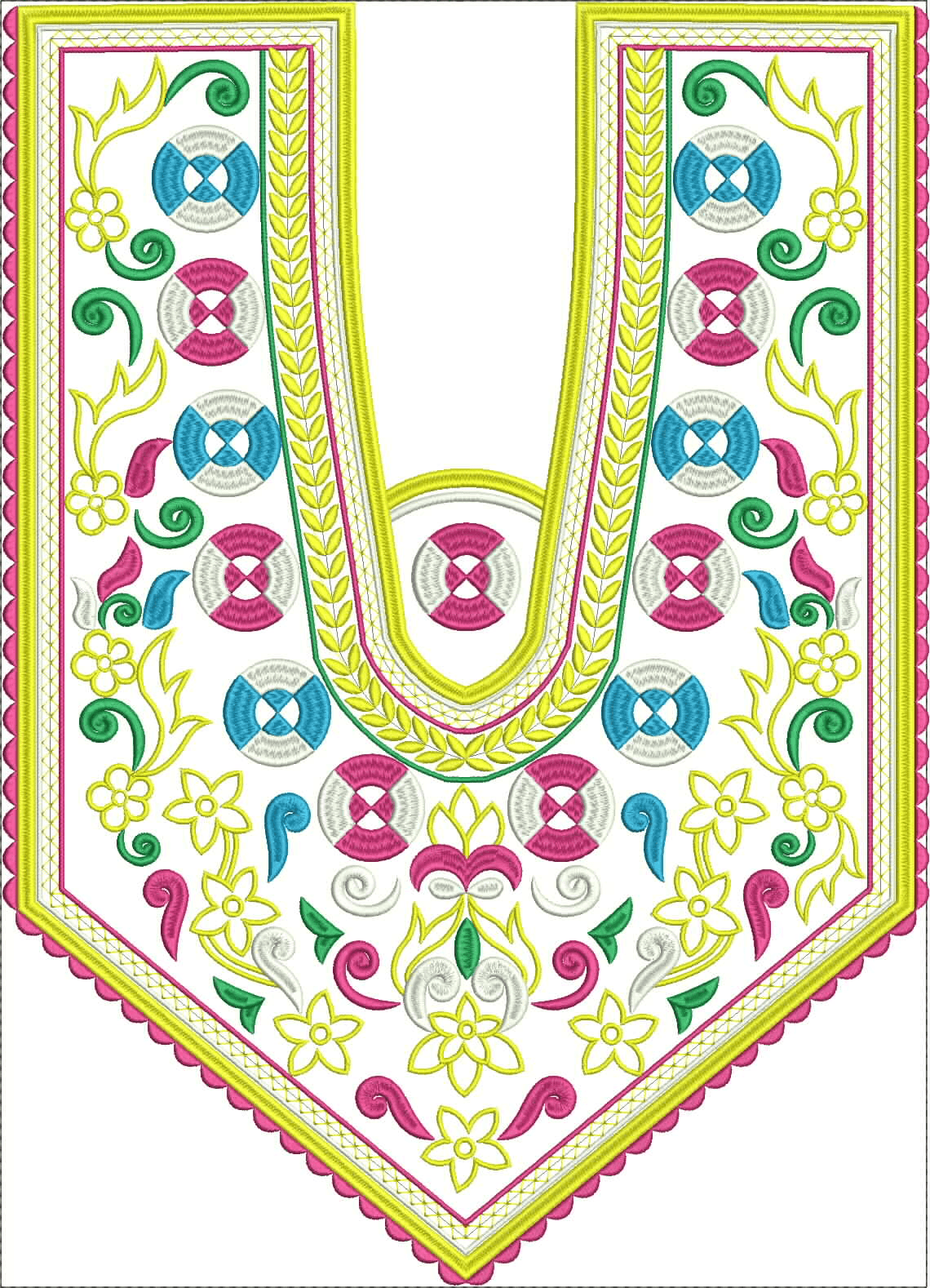 Embroidery design: A symmetrical neckline embroidery design featuring a colorful border with floral elements, scrollwork, geometric circula