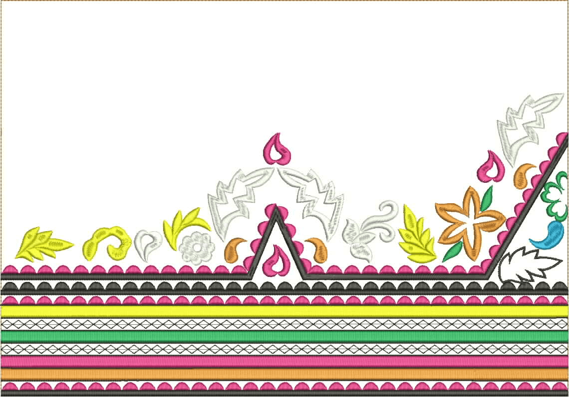 Embroidery design: A decorative embroidery border design featuring geometric stripes at the bottom and an array of floral and leaf motifs i