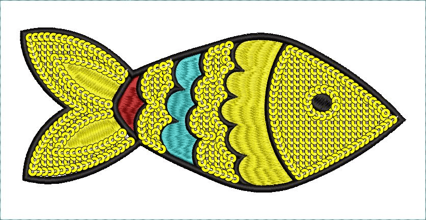 Embroidery design: A decorative embroidery design of a yellow fish with turquoise and red accents, outlined in black and filled with yellow