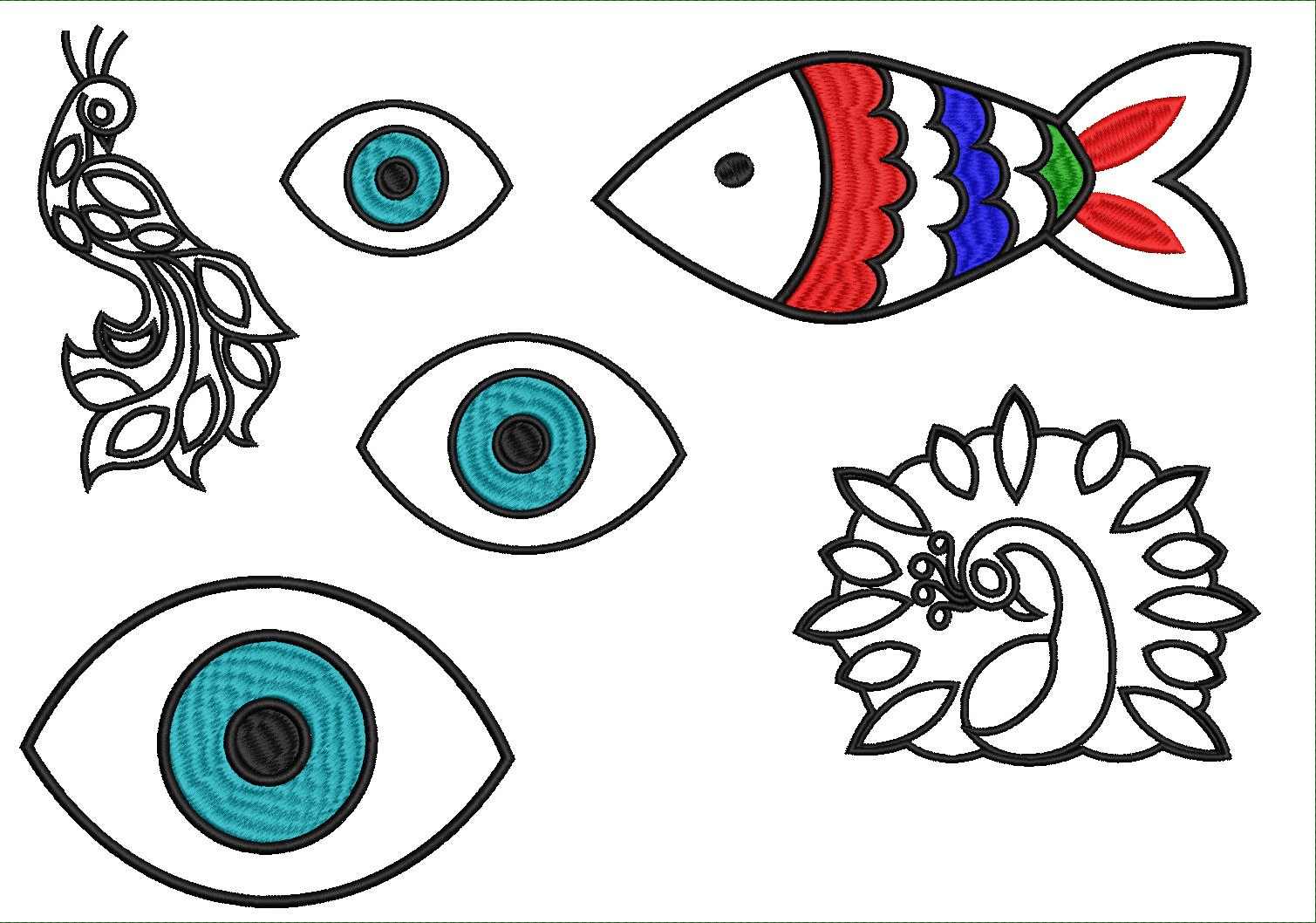 Embroidery design: A collection of embroidery designs featuring a stylized peacock, a colorful fish, and three evil eye symbols.